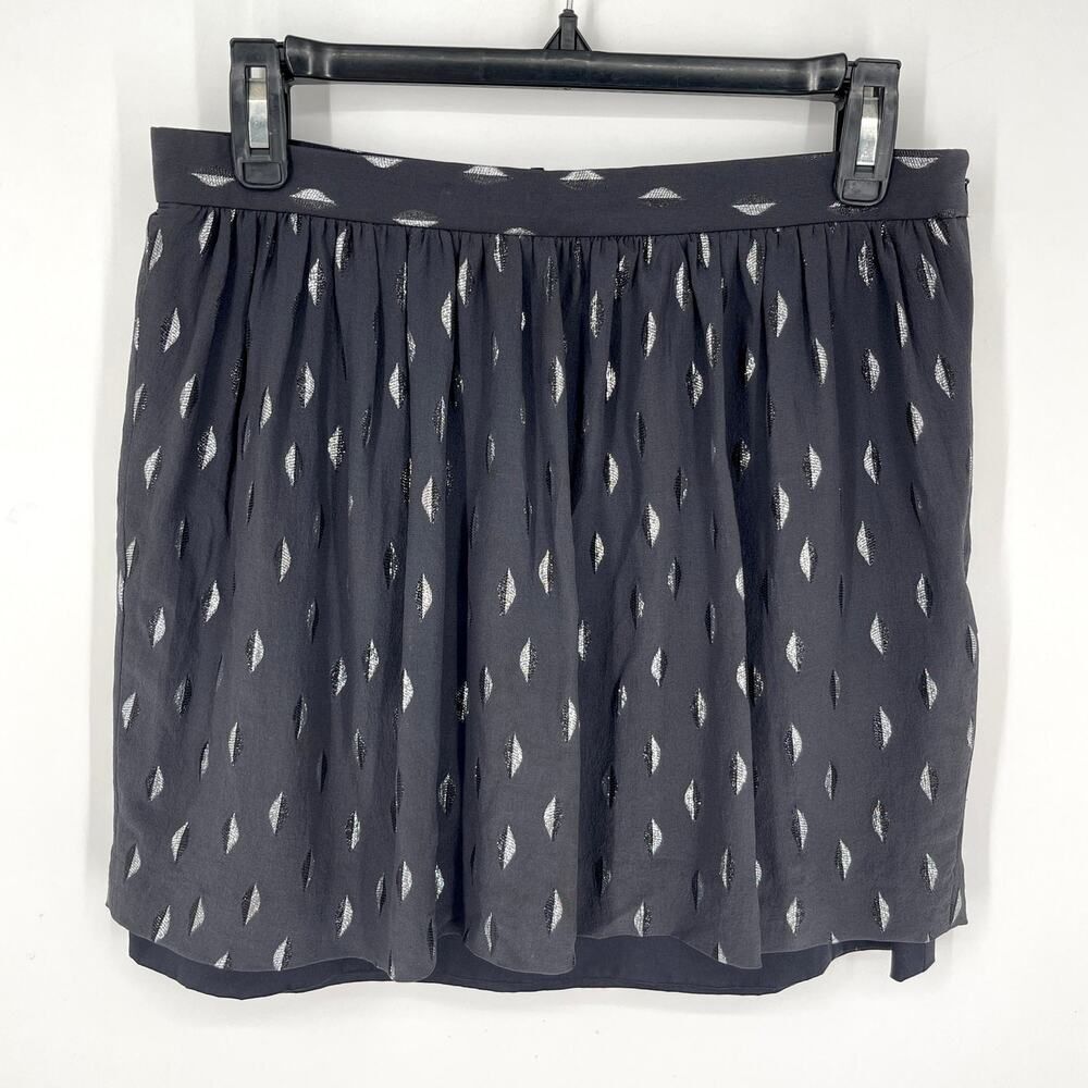 Club Monaco Silk Shimmery Metallic Leaves Mini Skirt Sz 6 Black Silver Lined